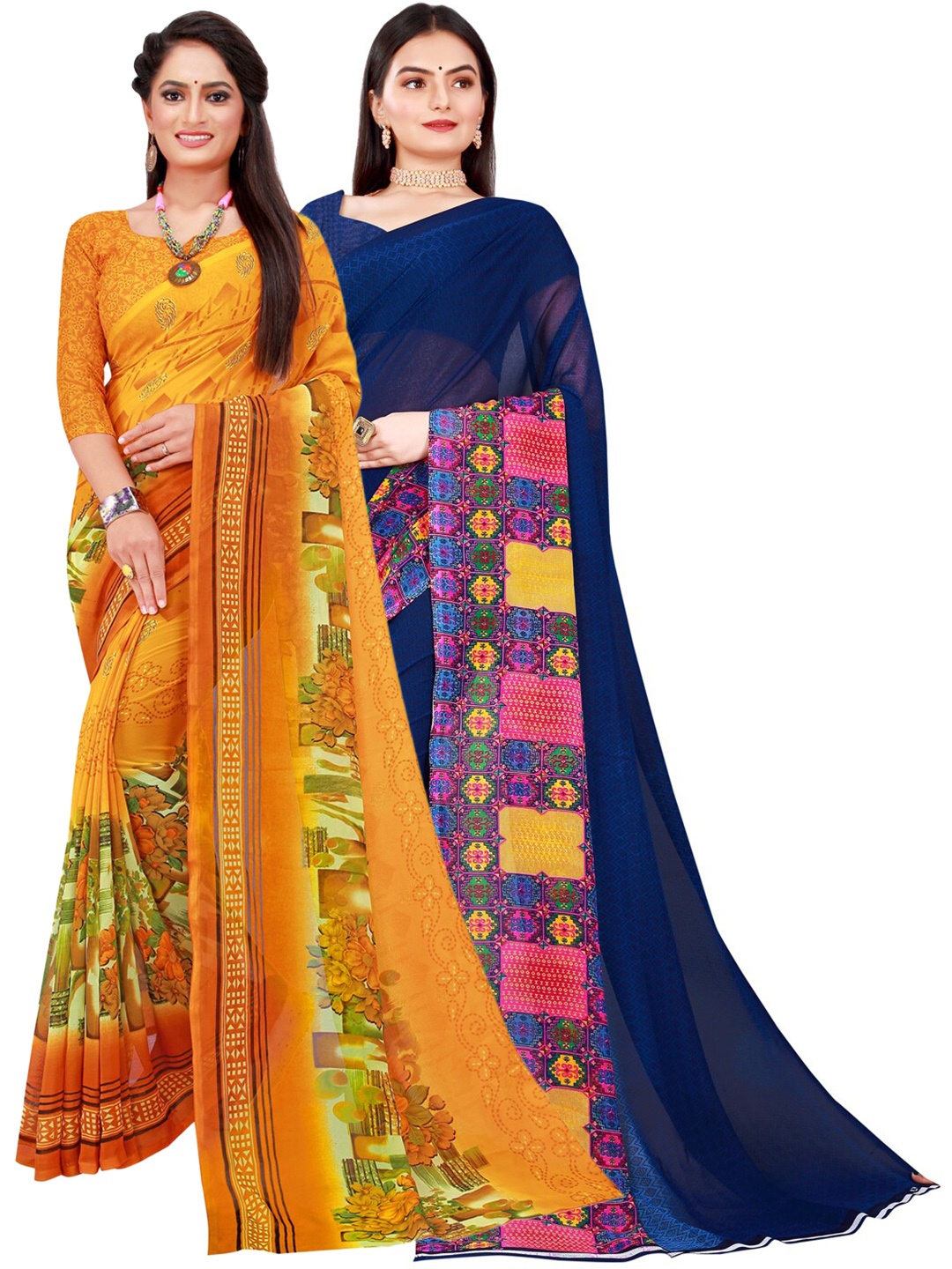 

SAADHVI Yellow & Navy Blue Set Of 2 Floral Pure Georgette Saree