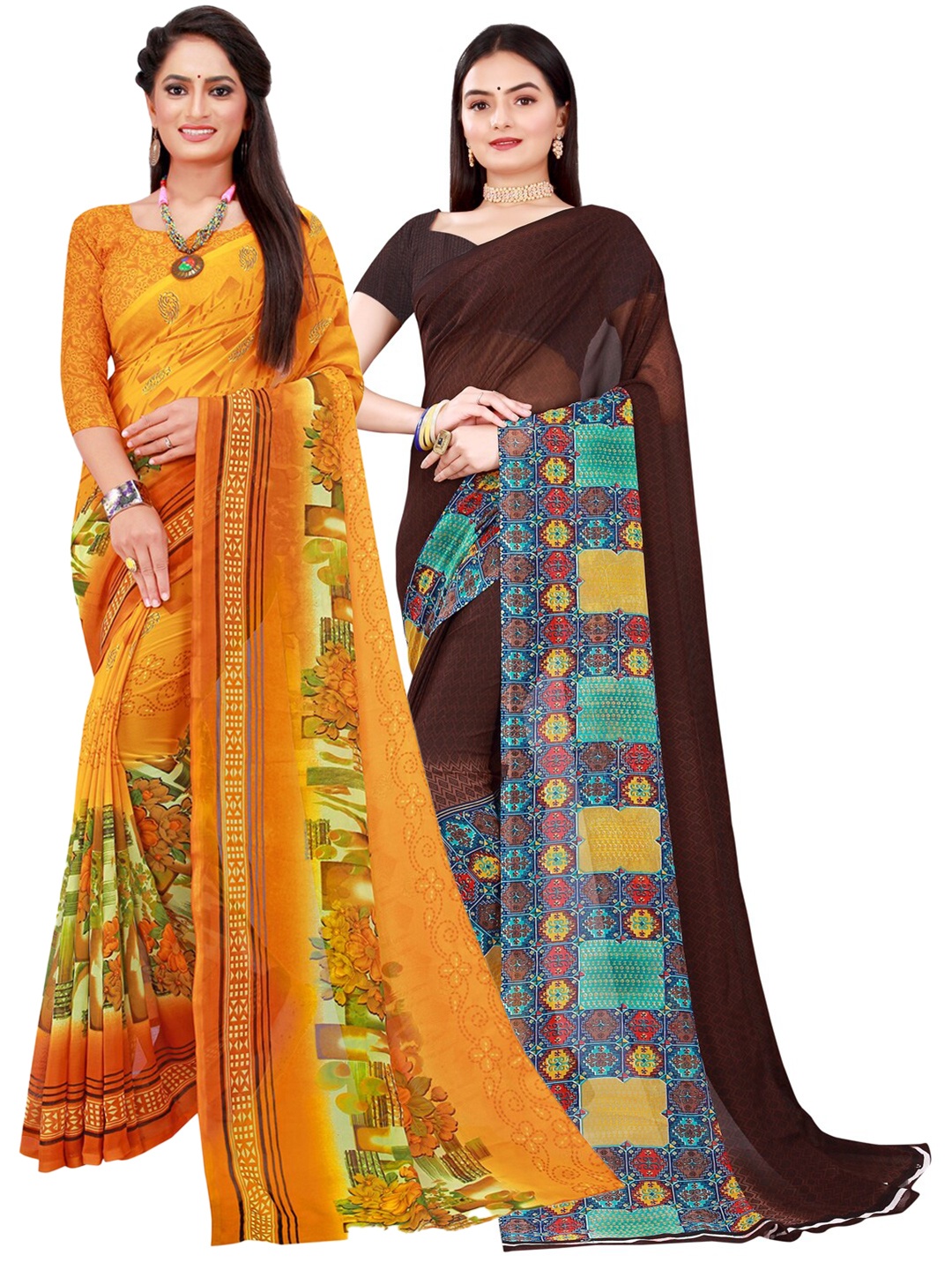 

SAADHVI Yellow & Brown Pack of 2 Floral Pure Georgette Saree