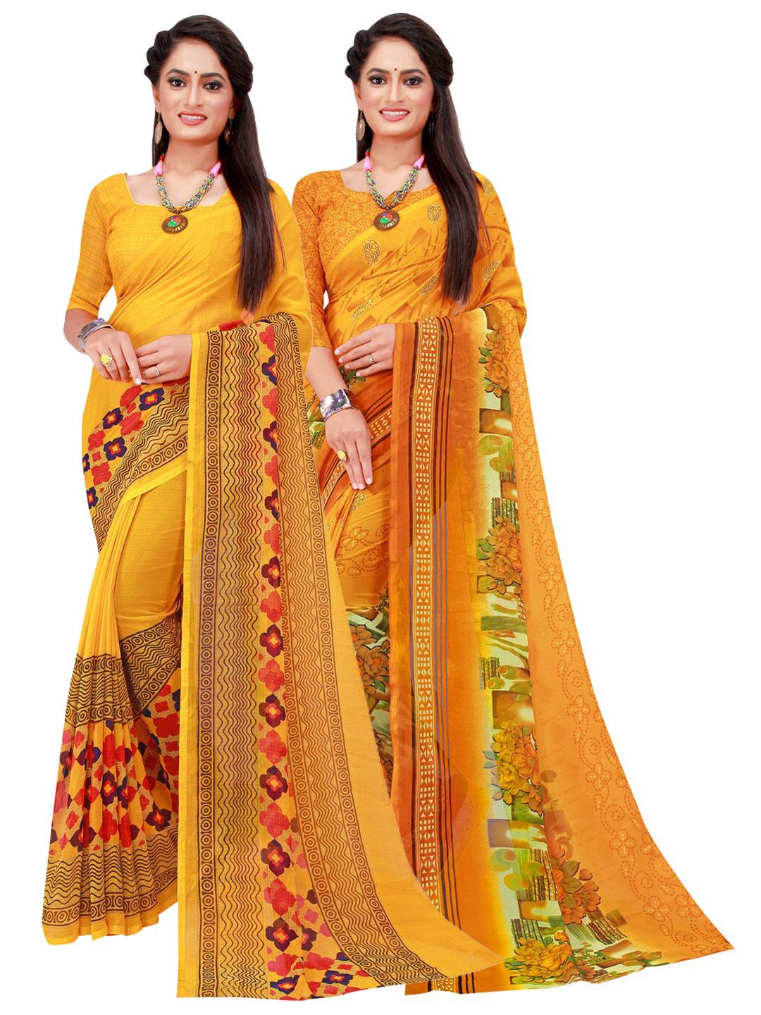 

SAADHVI Yellow & Green Set Of 2 Pure Georgette Saree