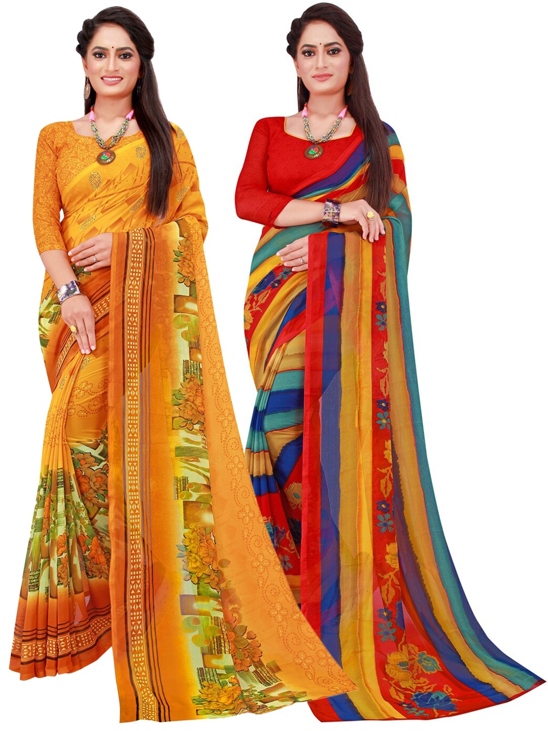 

SAADHVI Pack Of 2 Pure Georgette Sarees, Yellow