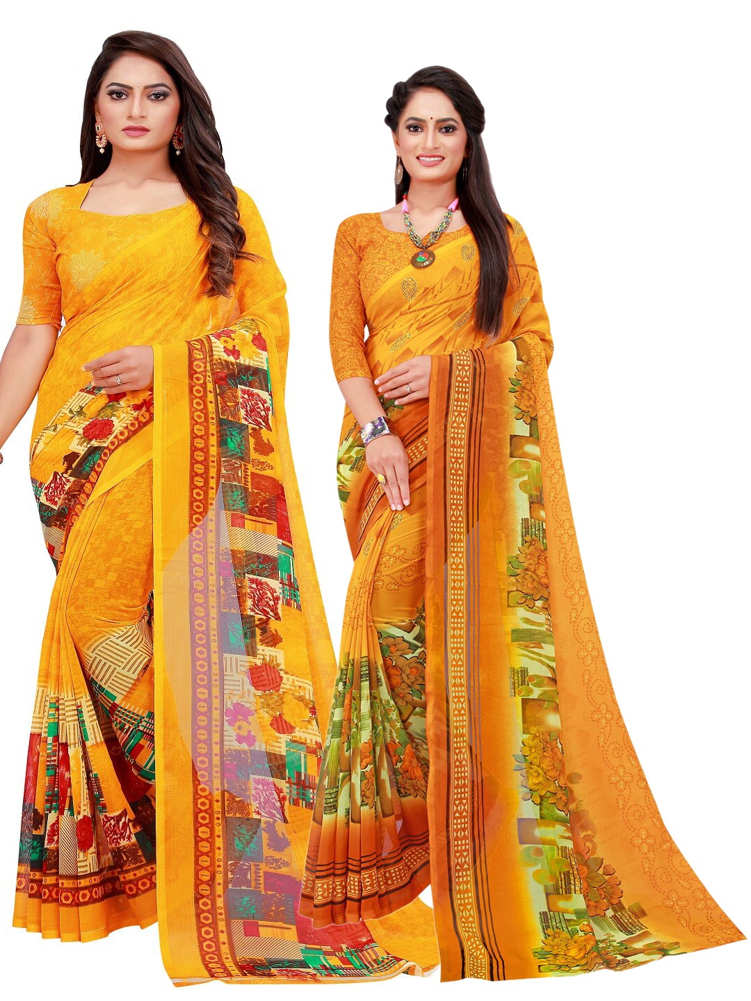 

SAADHVI Yellow & Red Set Of 2 Pure Georgette Saree