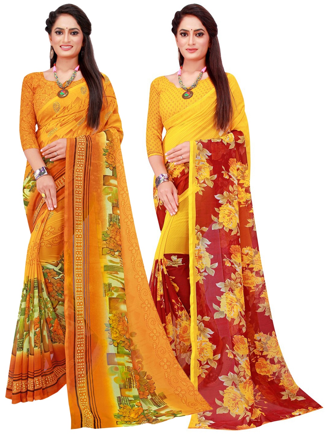 

SAADHVI Yellow & Red Pack of 2 Floral Pure Georgette Saree