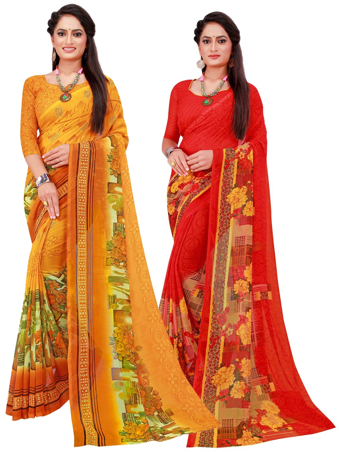 

SAADHVI Yellow & Red Set Of 2 Pure Georgette Saree