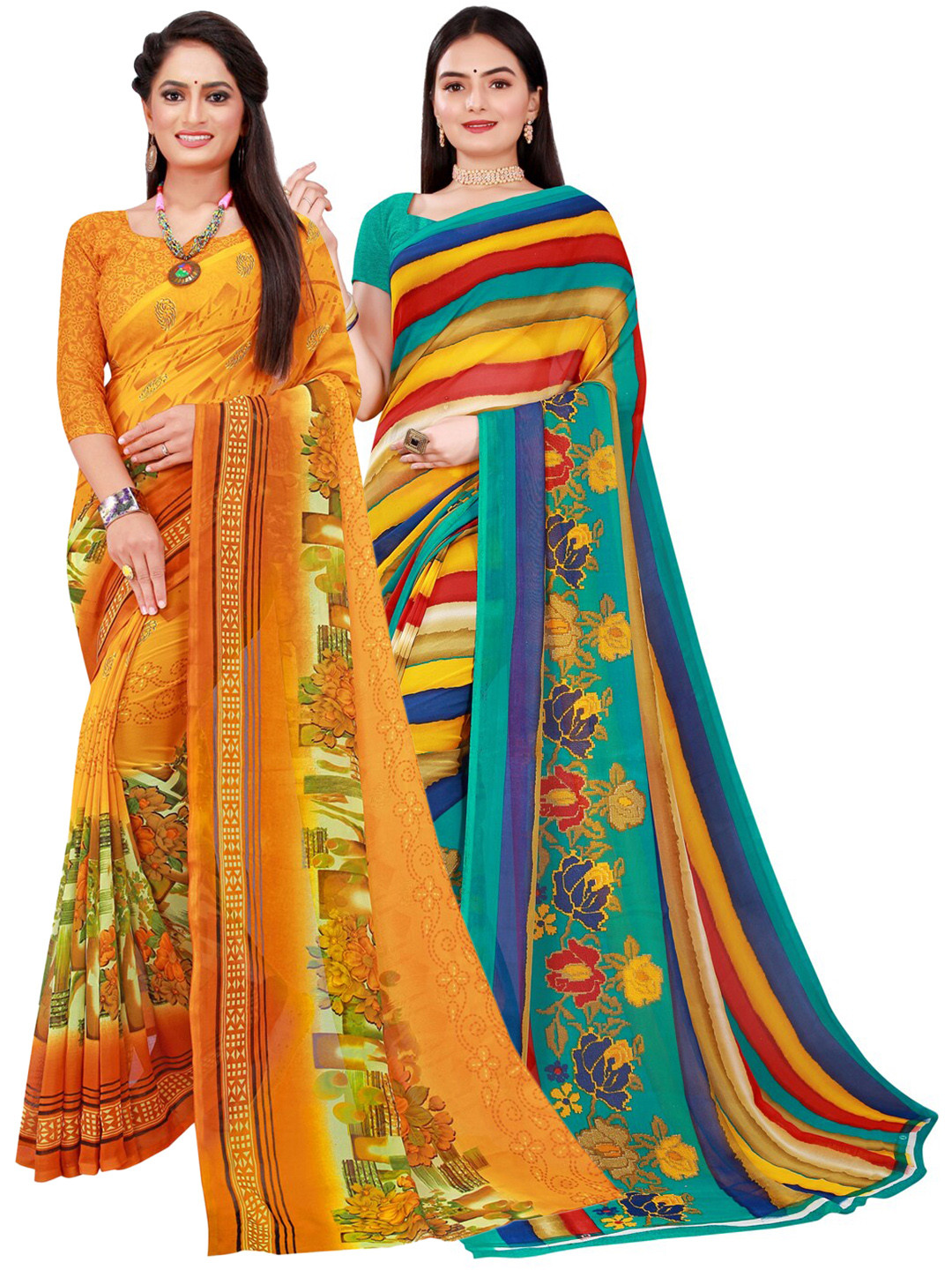 

SAADHVI Pack Of 2 Pure Georgette Sarees, Yellow