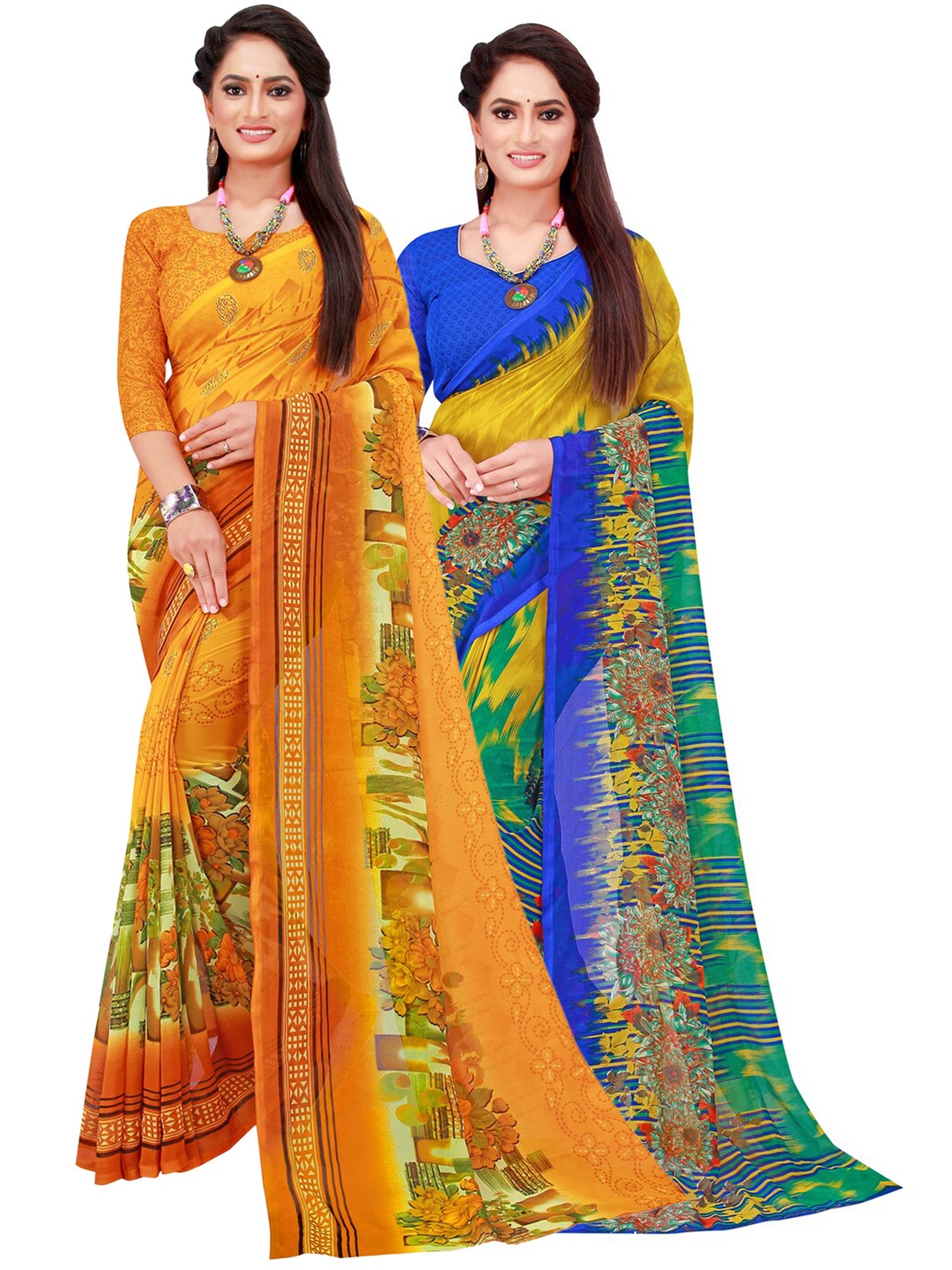 

SAADHVI Yellow & Green Set Of 2 Pure Georgette Saree