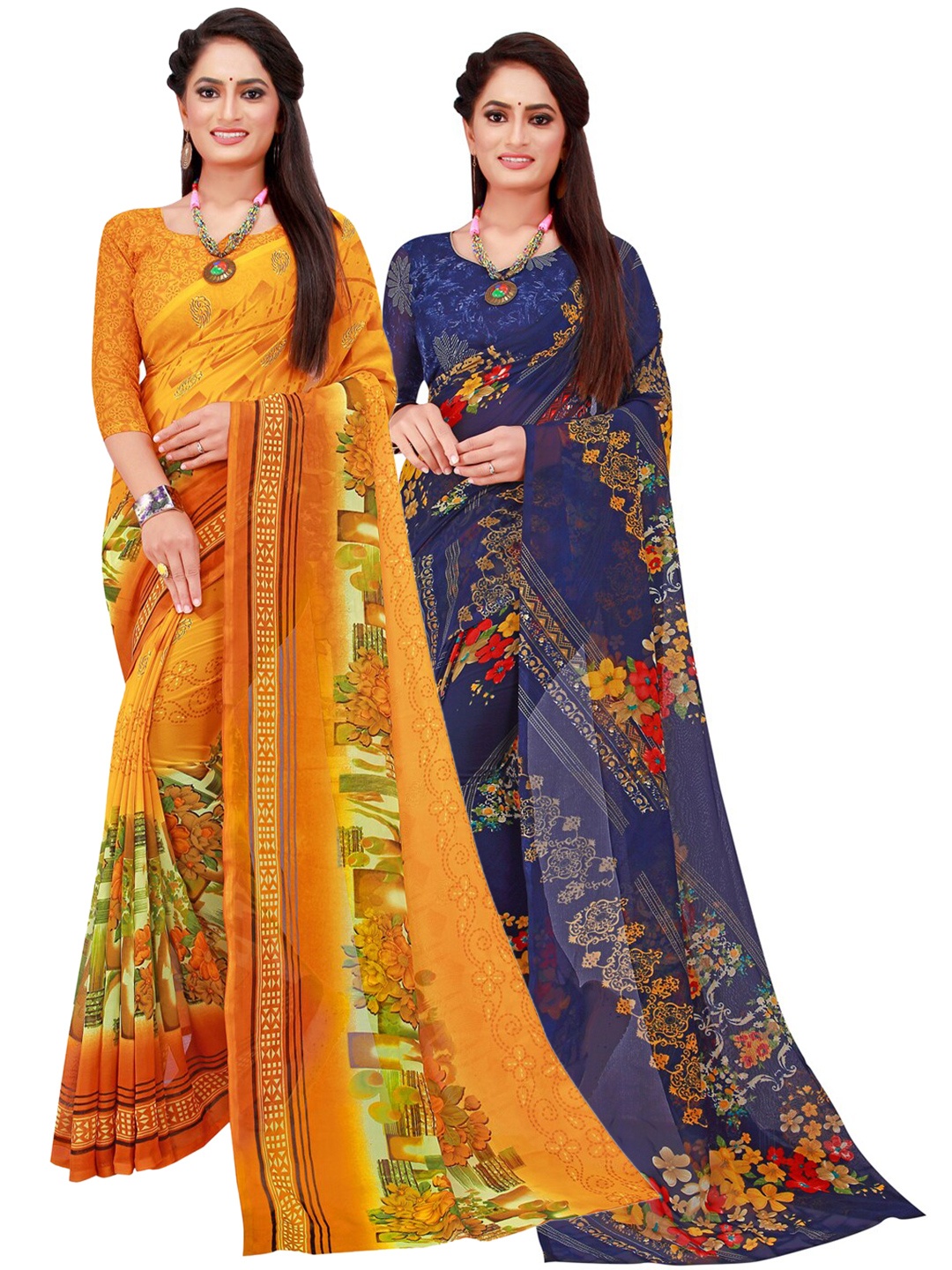 

SAADHVI Yellow & Navy Blue Set Of 2 Floral Pure Georgette Saree