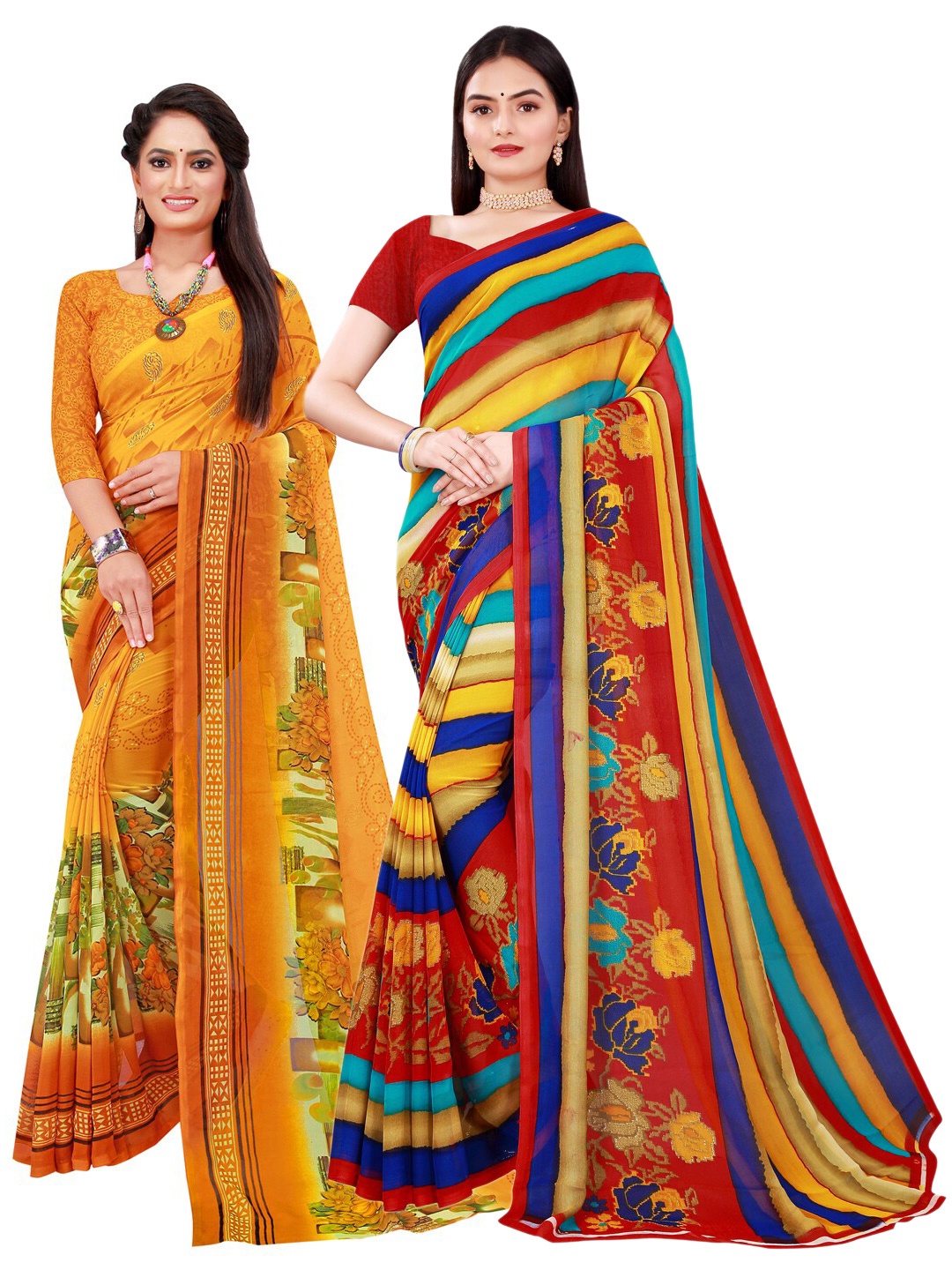 

SAADHVI Yellow & Blue Pack of 2 Floral Pure Georgette Saree