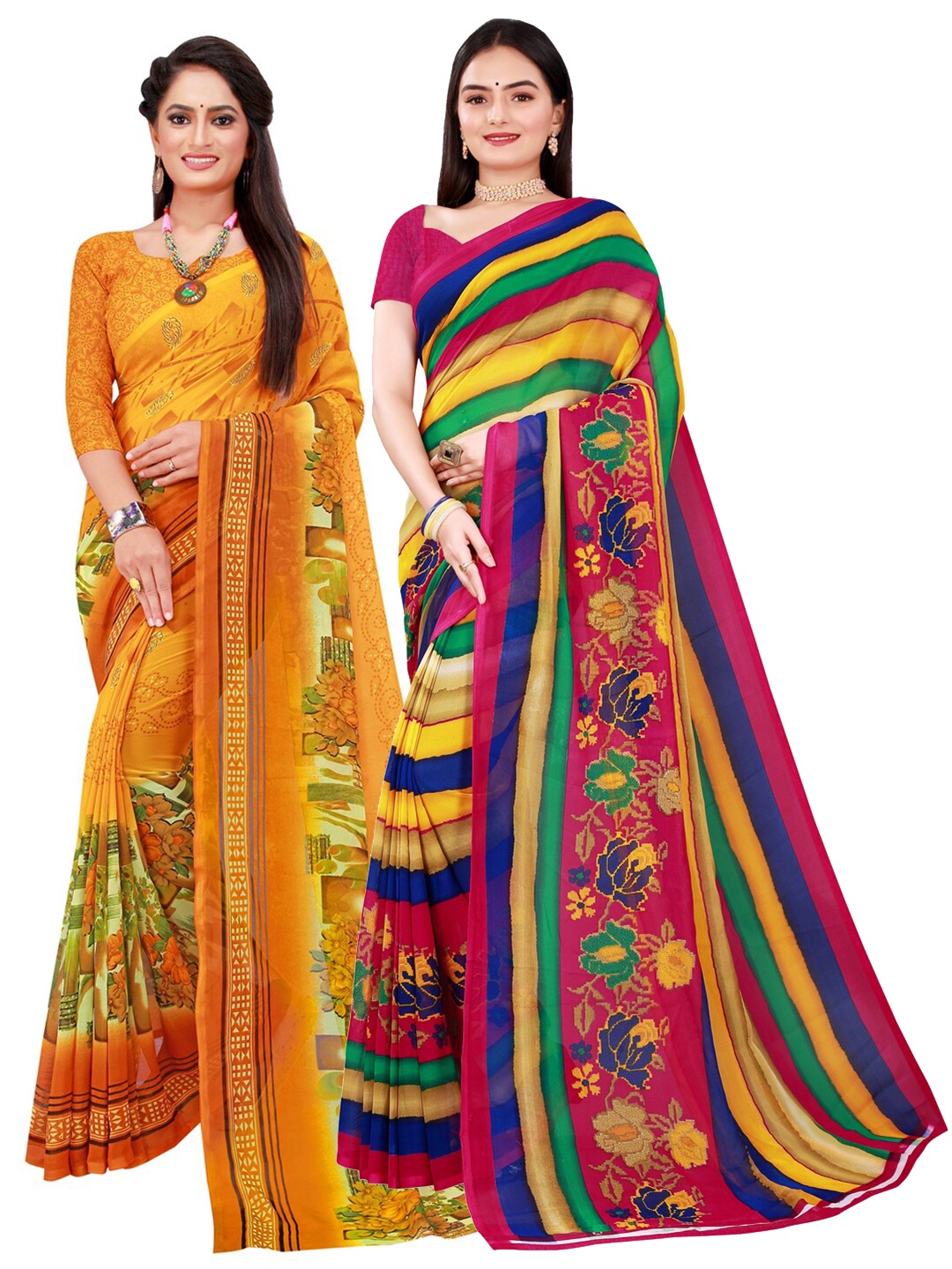

SAADHVI Yellow & Magenta Set Of 2 Floral Pure Georgette Saree