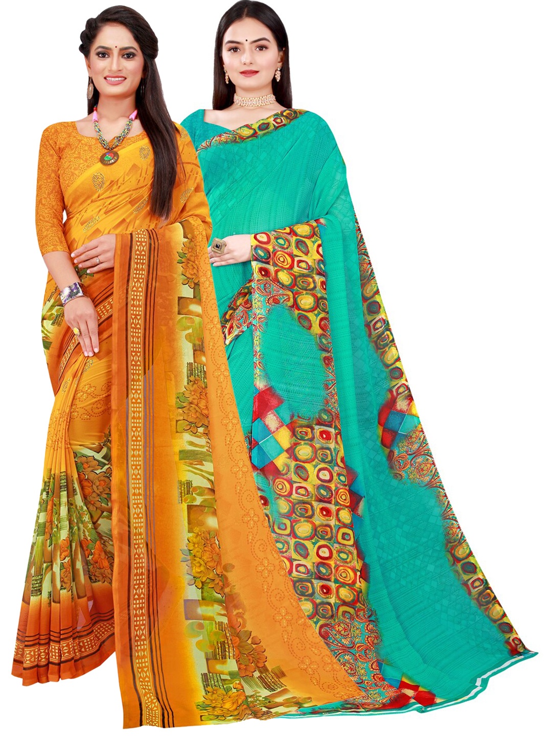 

SAADHVI Yellow & Blue Pack of 2 Floral Pure Georgette Saree