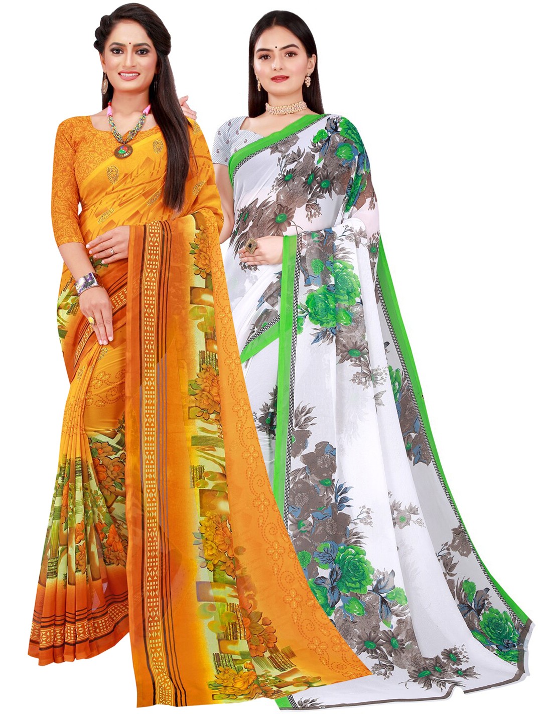

SAADHVI Yellow & White Set Of 2 Floral Pure Georgette Saree