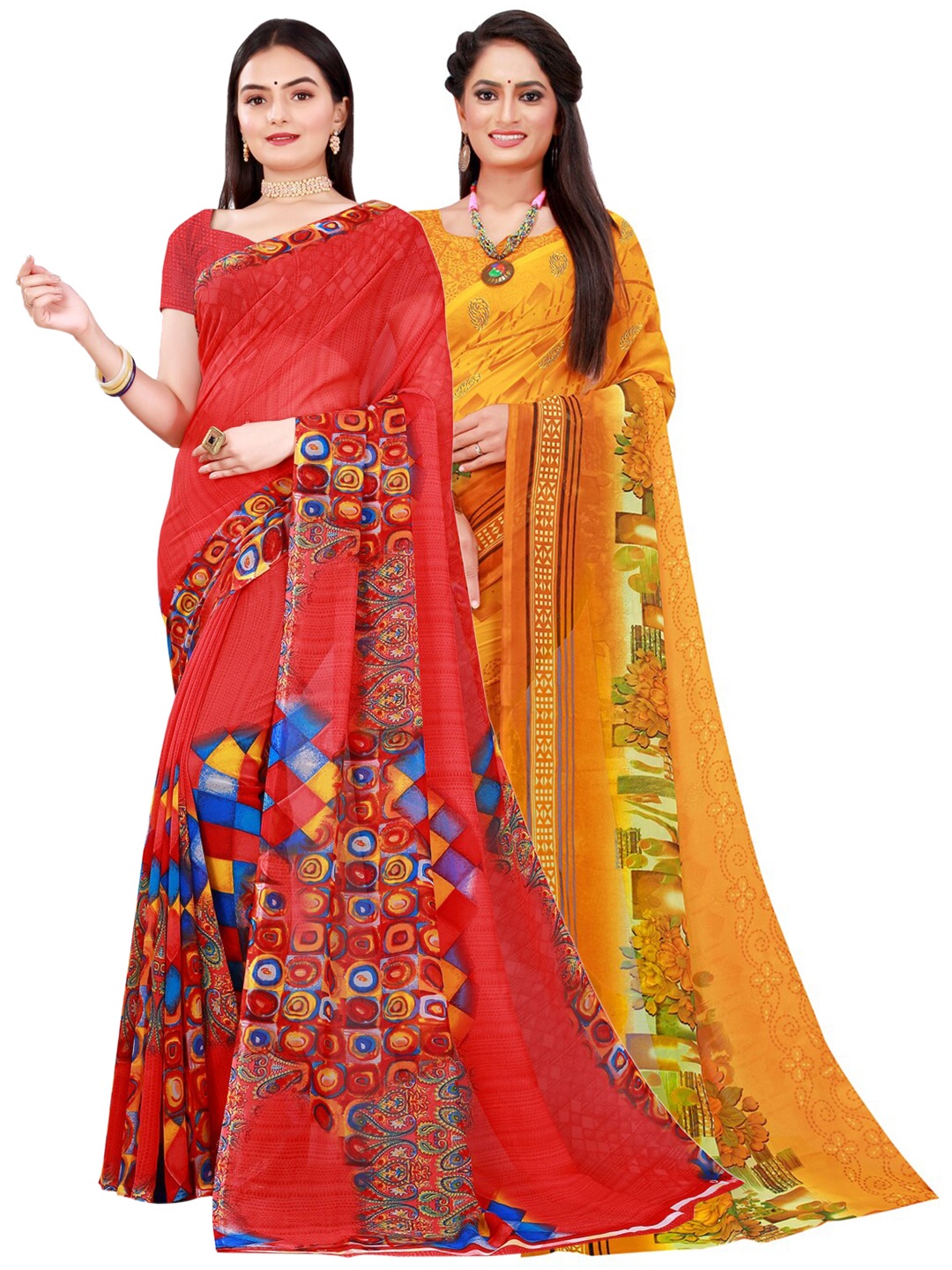 

SAADHVI Yellow & Red Set Of 2 Pure Georgette Saree