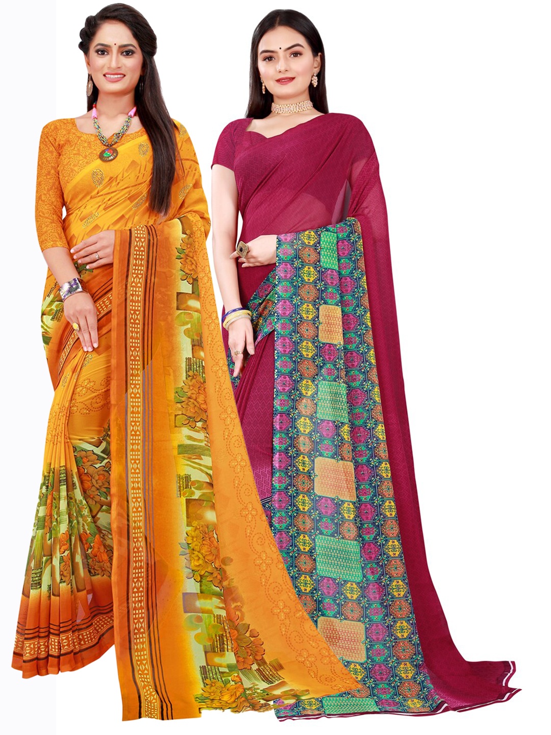 

SAADHVI Pack Of 2 Pure Georgette Sarees, Yellow