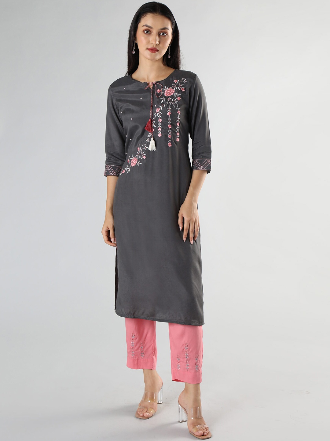 

taruni Women Grey Ethnic Motifs Embroidered Dupion Silk Kurta with Trousers