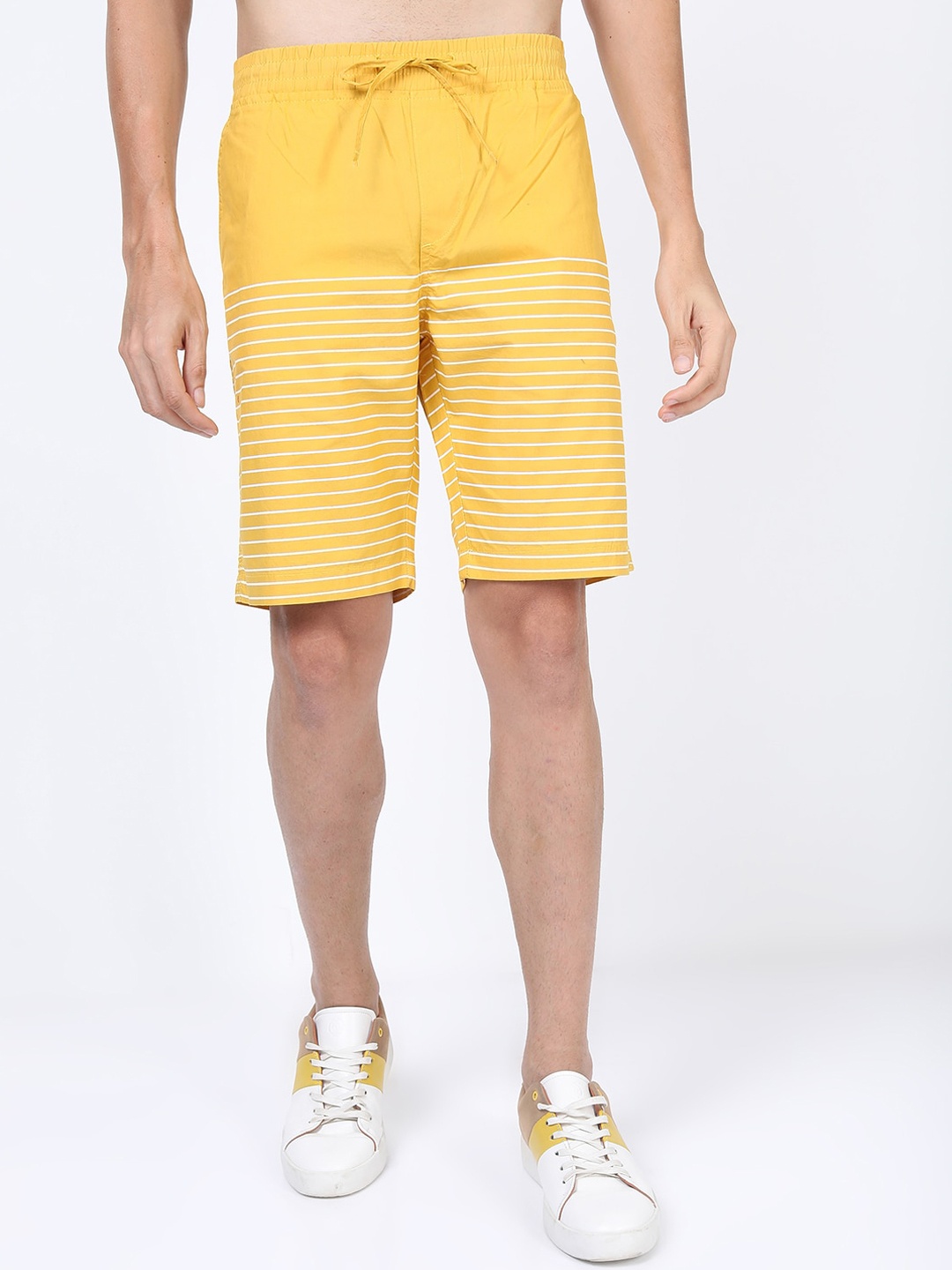 

HIGHLANDER Men Mustard Yellow Striped Slim Fit Cotton Shorts