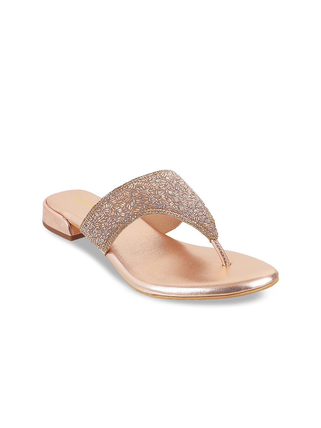 

Mochi Women Tan Brown & Gold-Toned Embellished Ethnic T-Strap Flats