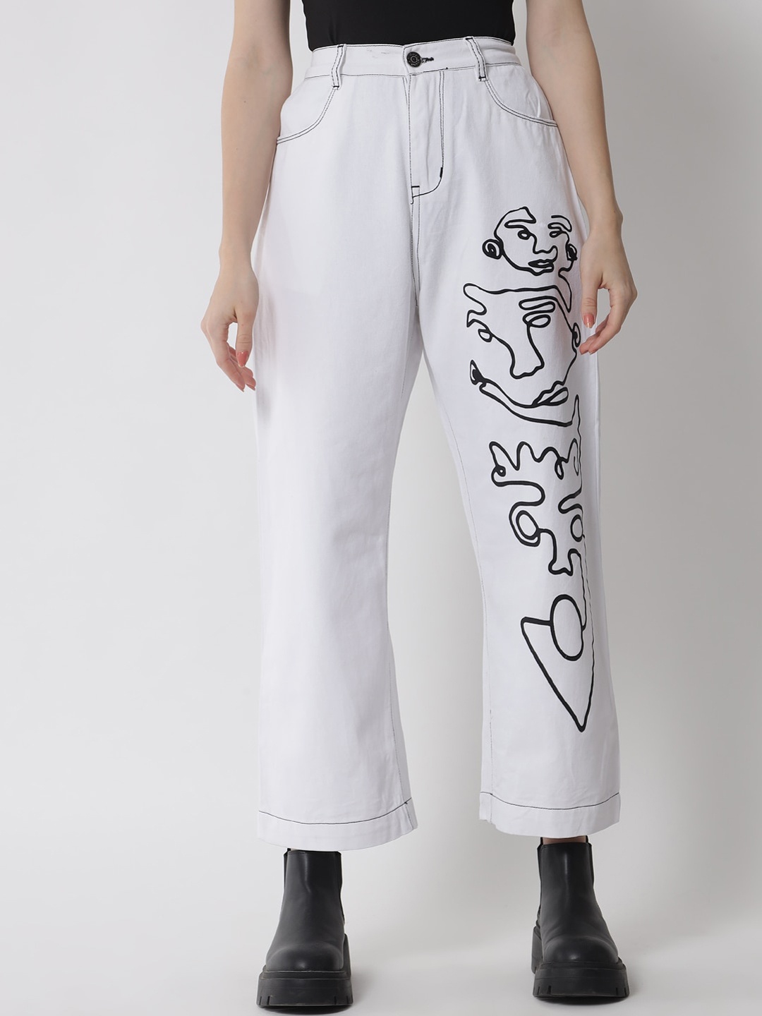 

River Of Design Jeans Women White Wide Leg High-Rise Low Distress Printed Jeans