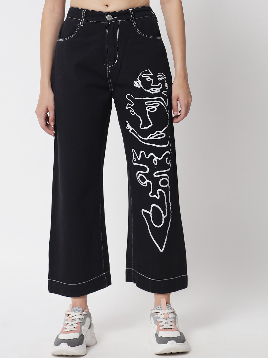 

River Of Design Jeans Women Black Printed Wide Leg High-Rise Jeans
