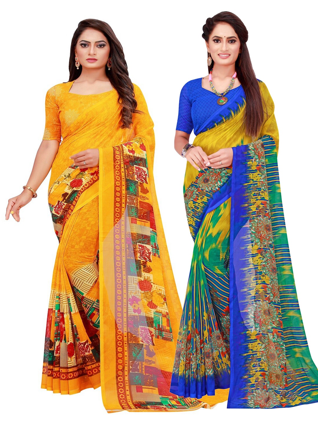 

Florence Yellow & Blue Pack of 2 Floral Pure Georgette Saree