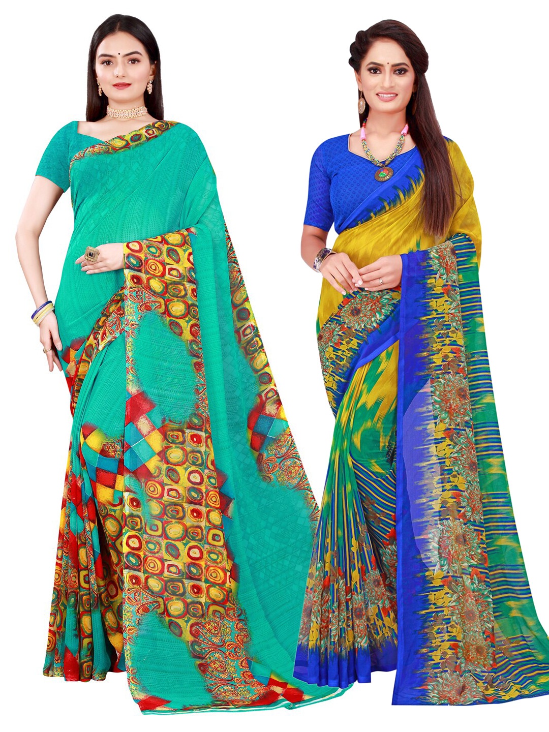

Florence Green & Blue Pack of 2 Floral Pure Georgette Saree