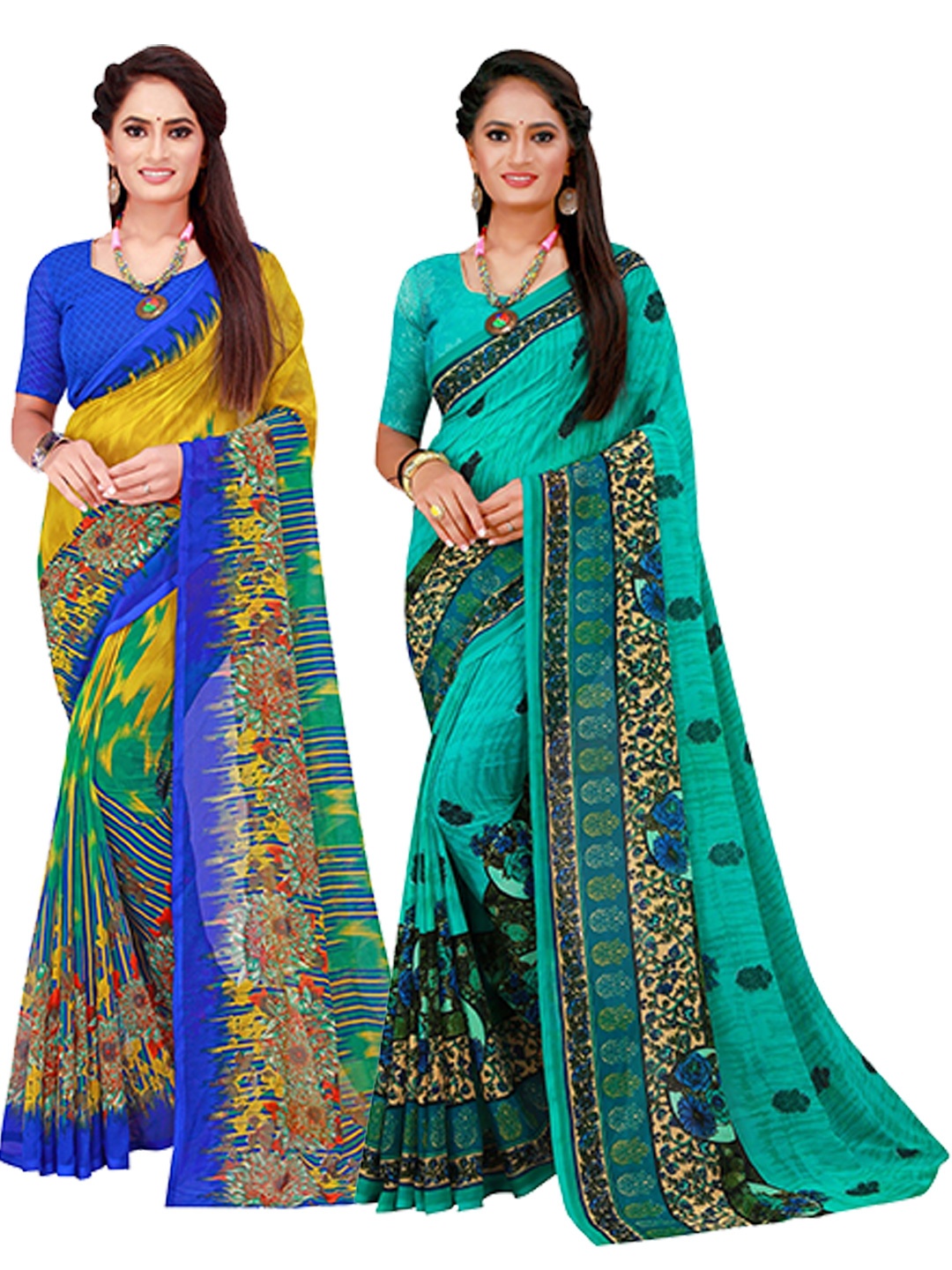 

Florence Green & Turquoise Blue Pack of 2 Floral Pure Georgette Saree