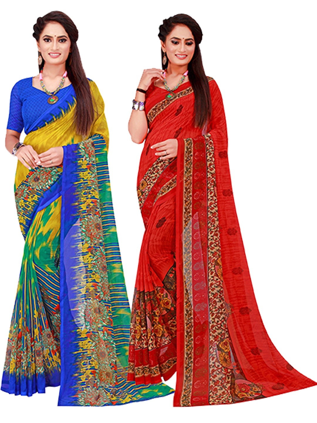 

Florence Red & Yellow Pack of 2 Floral Pure Georgette Saree