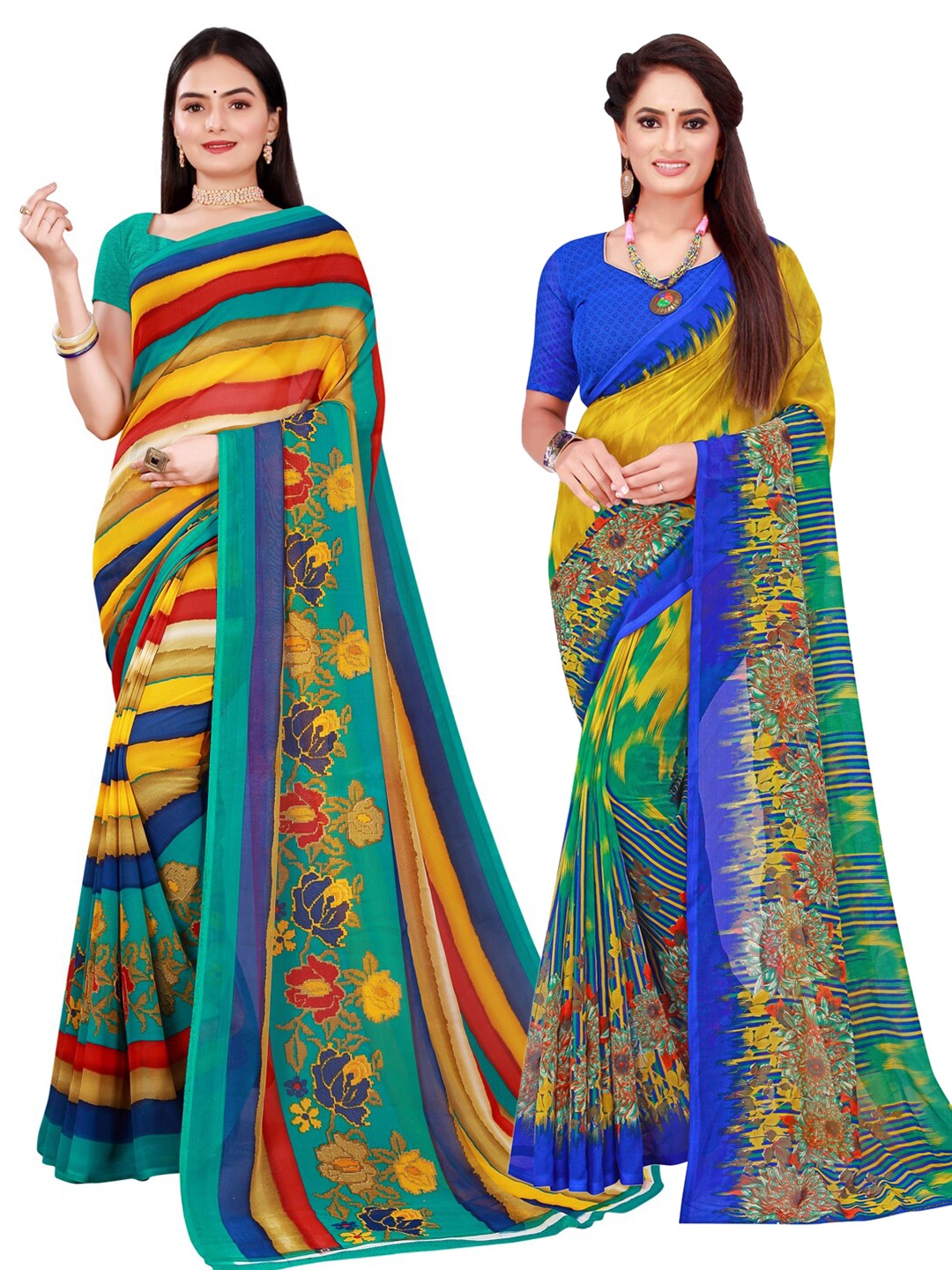 

Florence Blue & Yellow Set Of 2 Floral Pure Georgette Saree