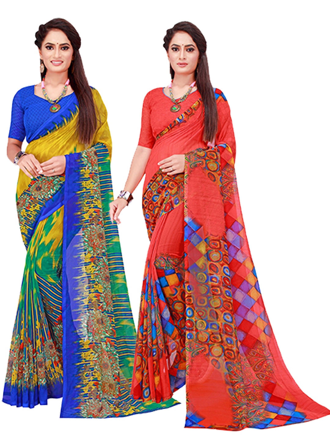 

Florence Red & Blue Set Of 2 Floral Pure Georgette Saree