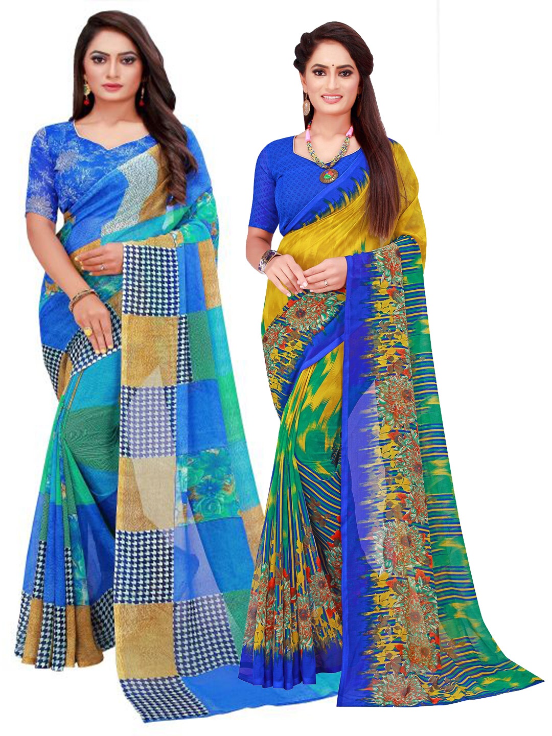 

Florence Blue & Yellow Pack of 2 Floral Pure Georgette Saree