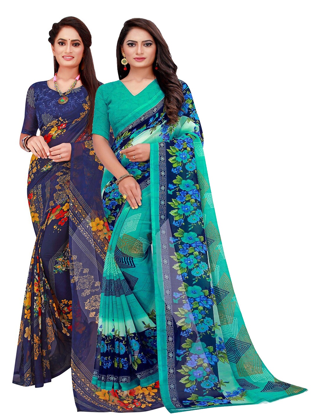 

Florence Turquoise Blue & Green Set Of 2 Pure Georgette Saree