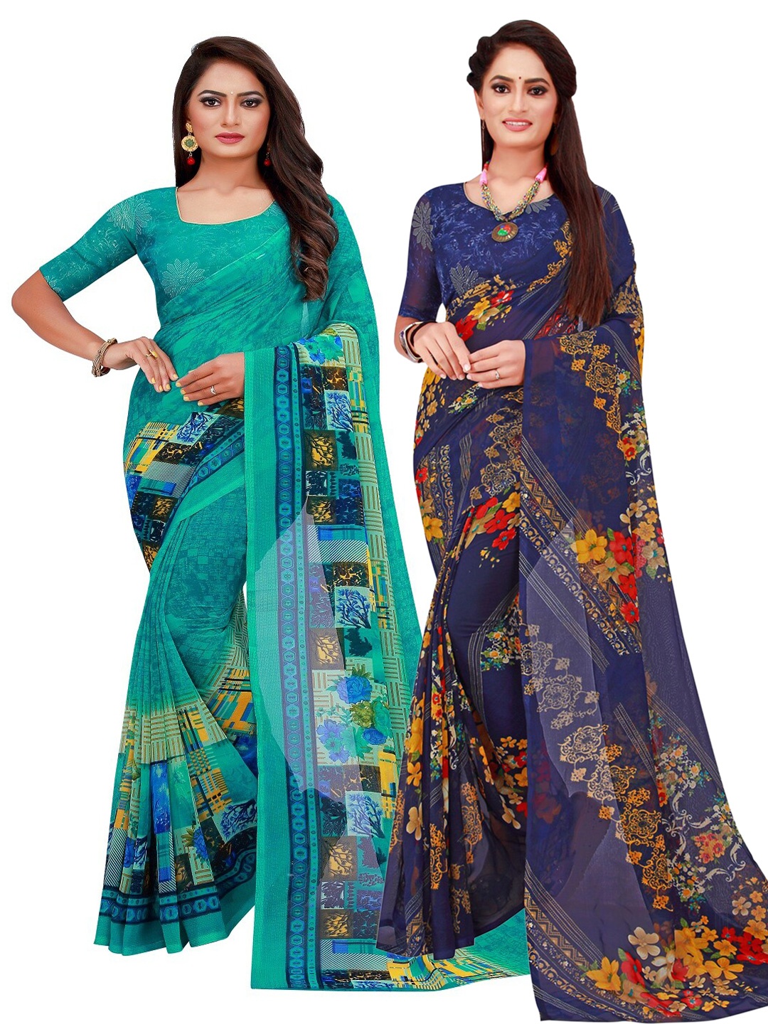 

Florence Turquoise Blue & Navy Blue Pack of 2 Floral Pure Georgette Saree
