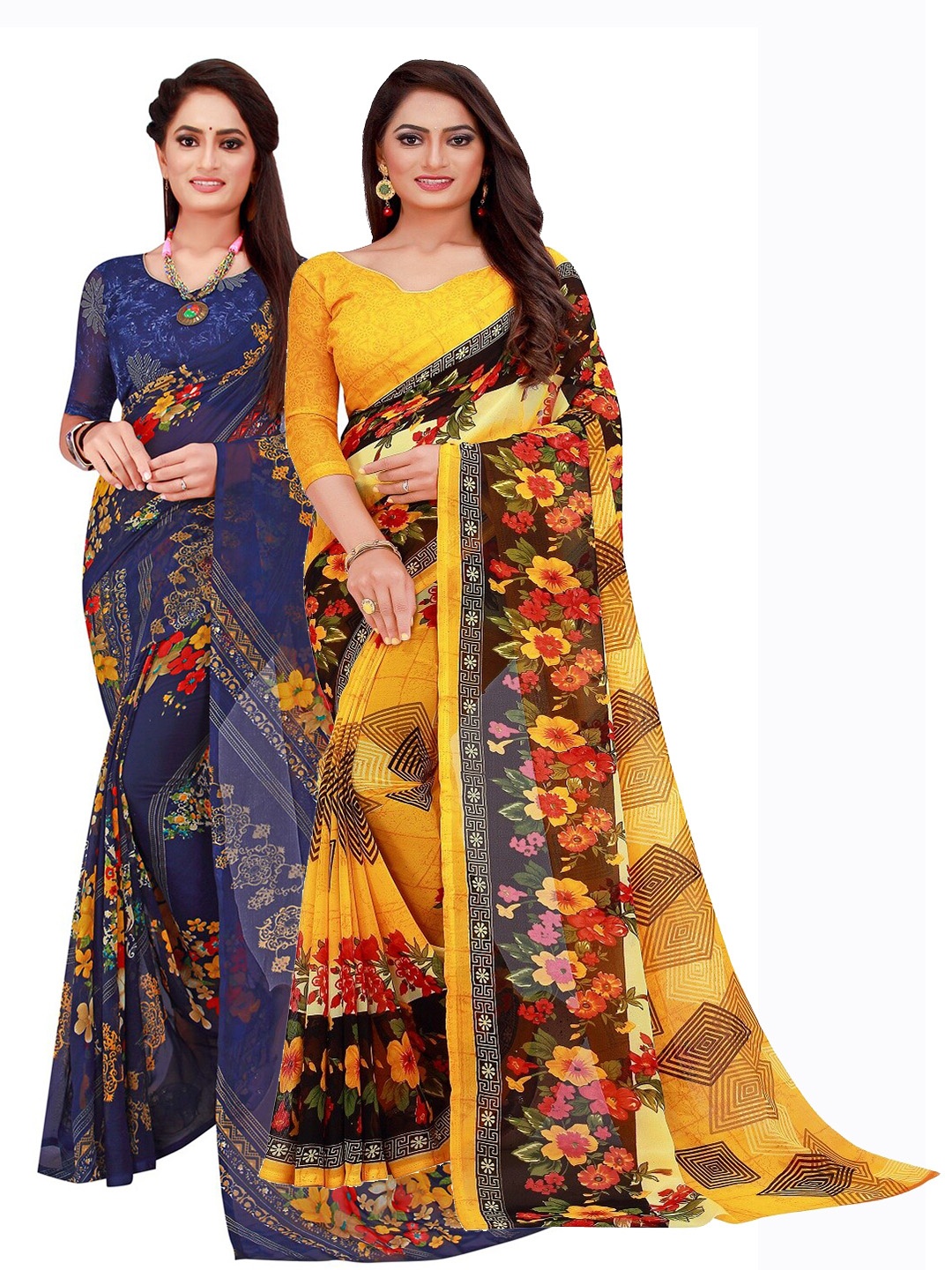 

Florence Yellow & Navy Blue Set Of 2 Floral Pure Georgette Saree