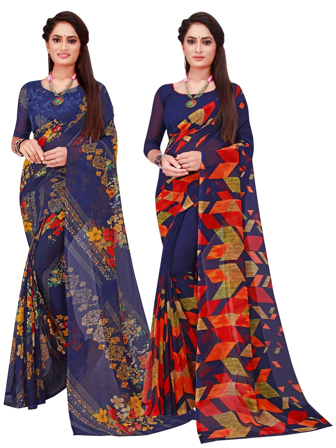 

Florence Navy Blue & Red Pack of 2 Floral Pure Georgette Saree