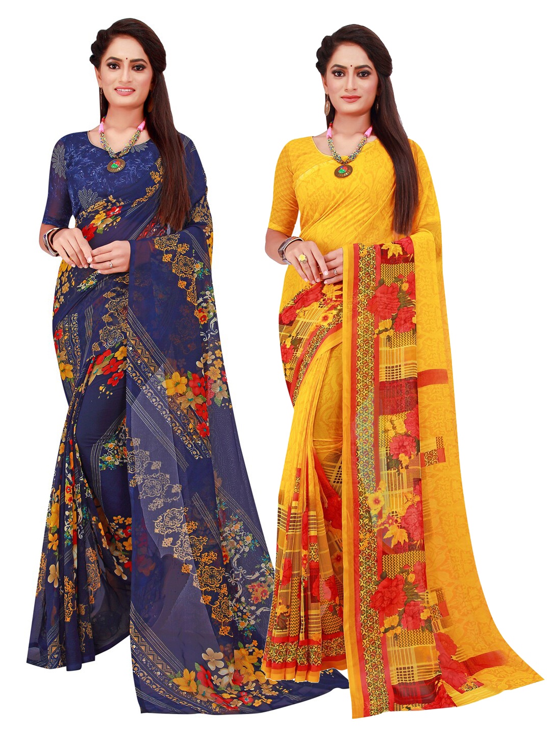 

Florence Yellow & Blue Set Of 2 Pure Georgette Saree