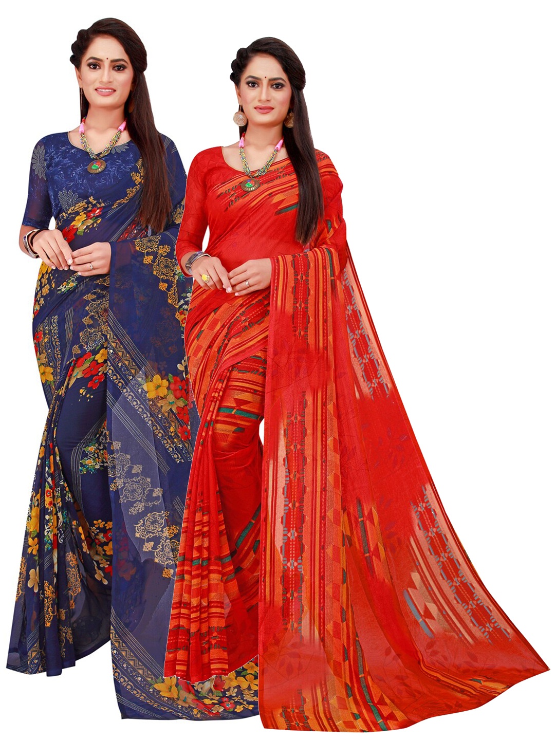 

Florence Red & Navy Blue Pack of 2 Floral Pure Georgette Saree