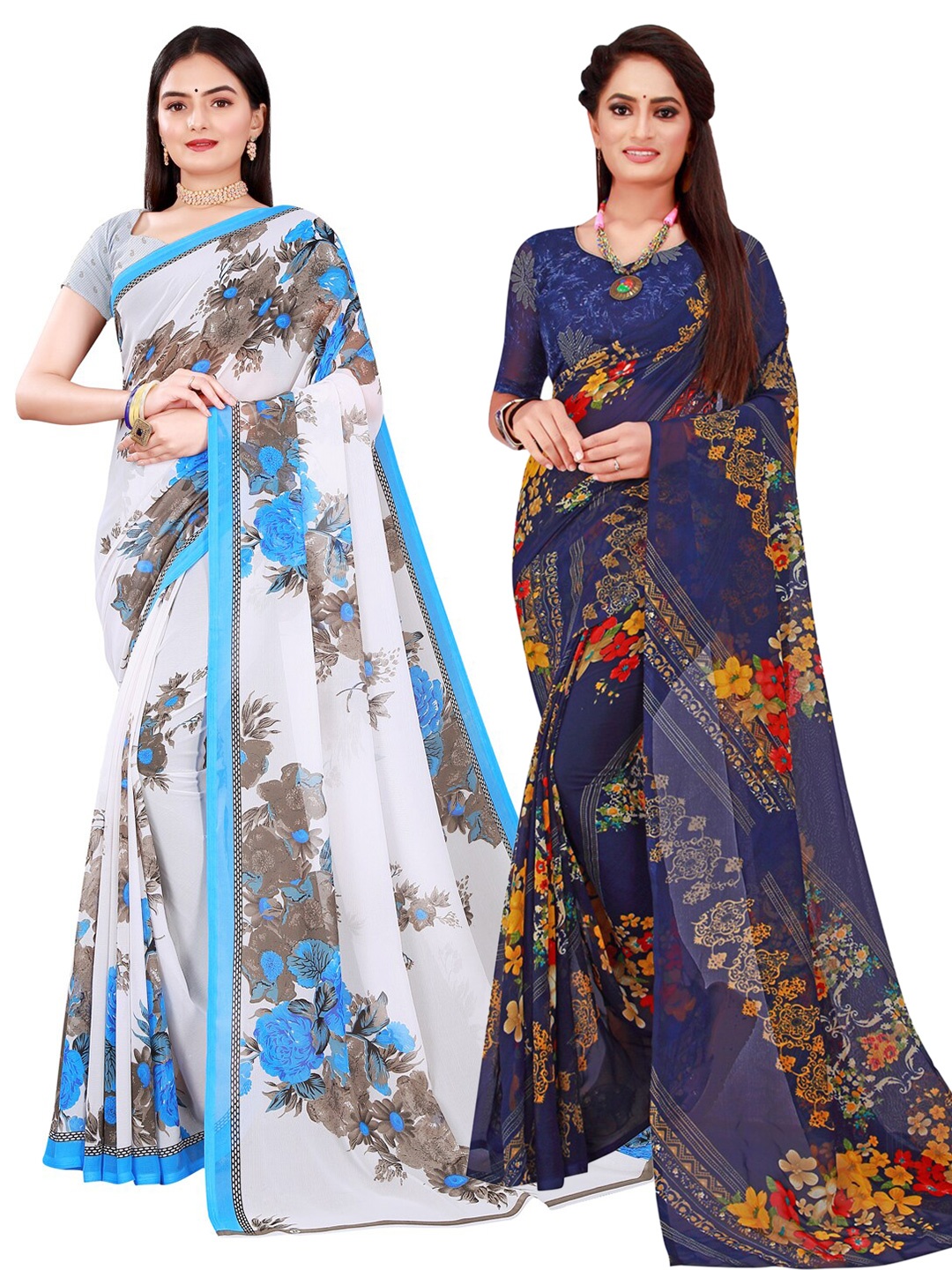 

Florence Navy Blue & White Set Of 2 Floral Pure Georgette Saree