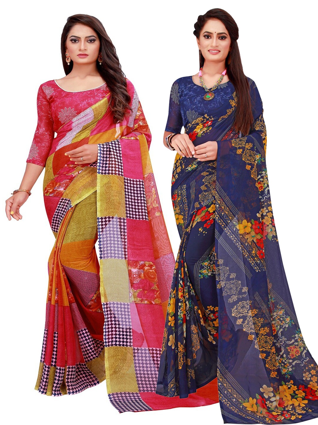 

Florence Red & Navy Blue Geometric Pack of 2 Pure Georgette Saree