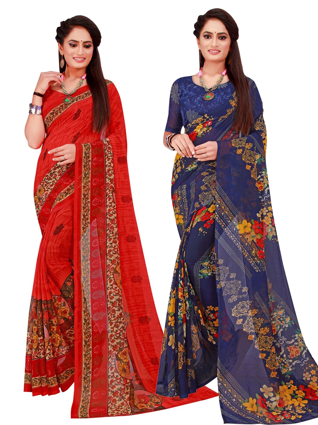 

Florence Navy Blue & Red Geometric Pack of 2 Pure Georgette Saree