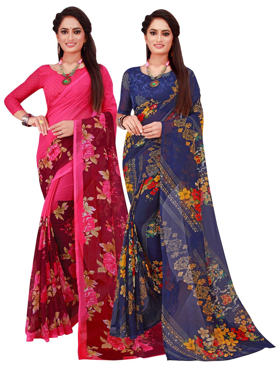 

Florence Navy Blue & Magenta Floral Pack of 2 Pure Georgette Saree