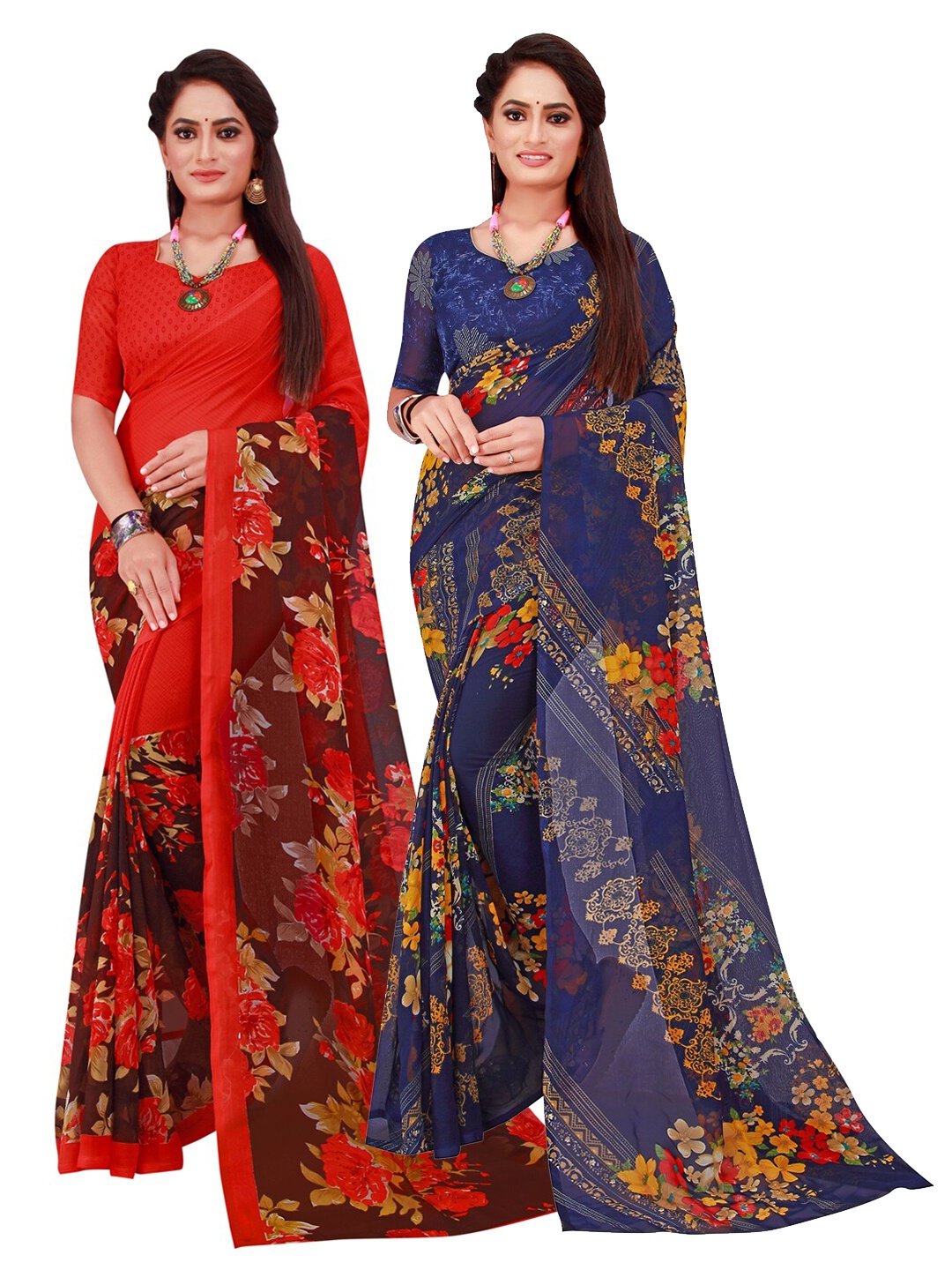

Florence Navy Blue & Red Geometric Pack of 2 Pure Georgette Saree