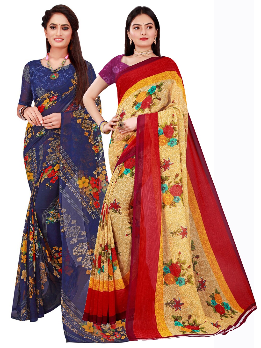 

Florence Beige & Blue Geometric Pack of 2 Pure Georgette Saree