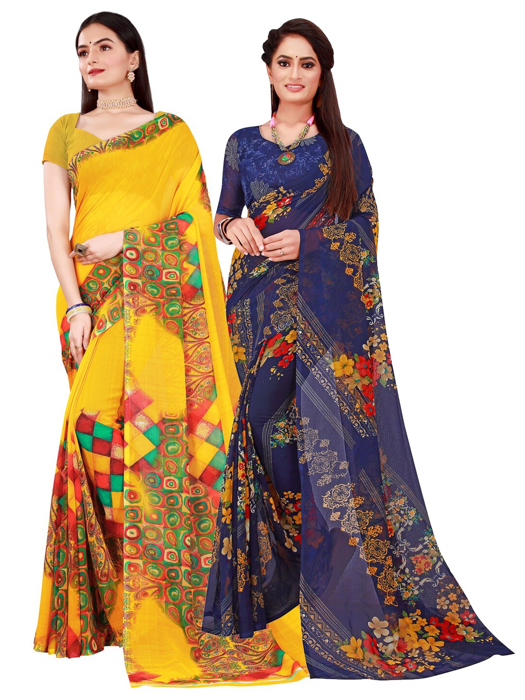 

Florence Navy Blue & Yellow Geometric Pack of 2 Pure Georgette Saree