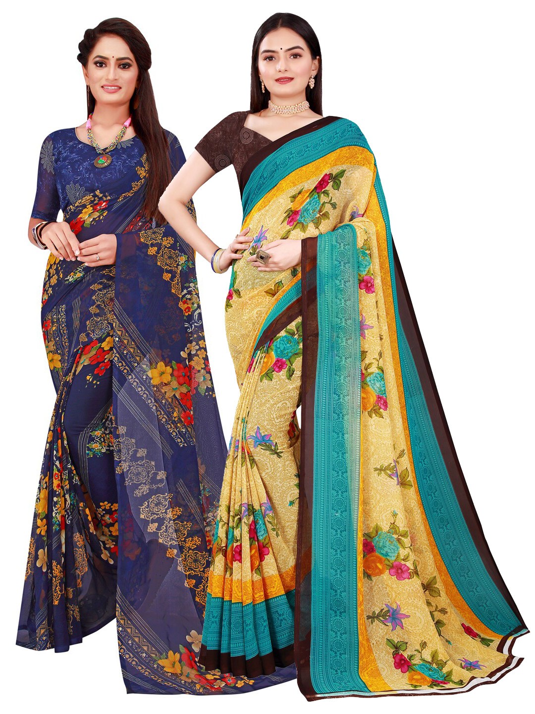 

Florence Navy Blue & Beige Floral Pack of 2 Pure Georgette Saree
