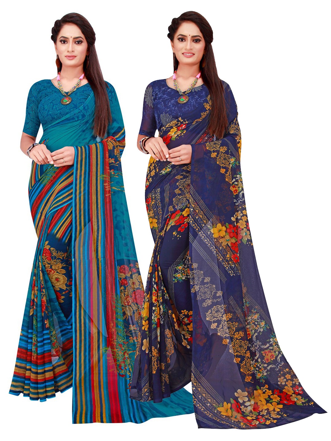 

Florence Navy Blue & Blue Floral Pure Georgette Saree