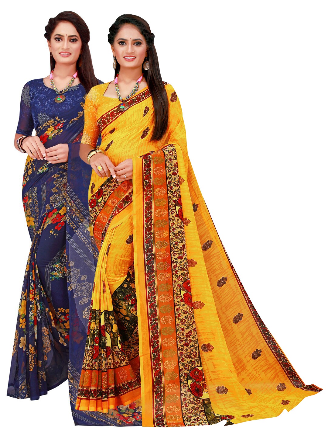 

Florence Navy Blue & Yellow Floral Pack of 2 Pure Georgette Saree