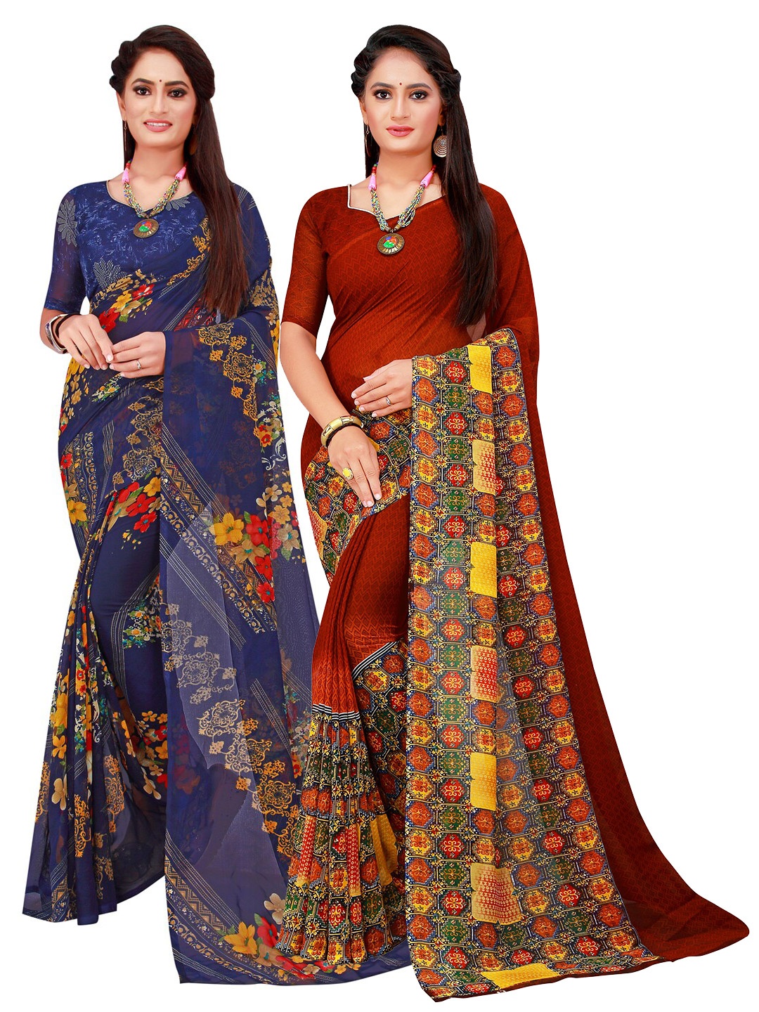 

Florence Navy Blue & Maroon Floral Pack of 2 Pure Georgette Saree