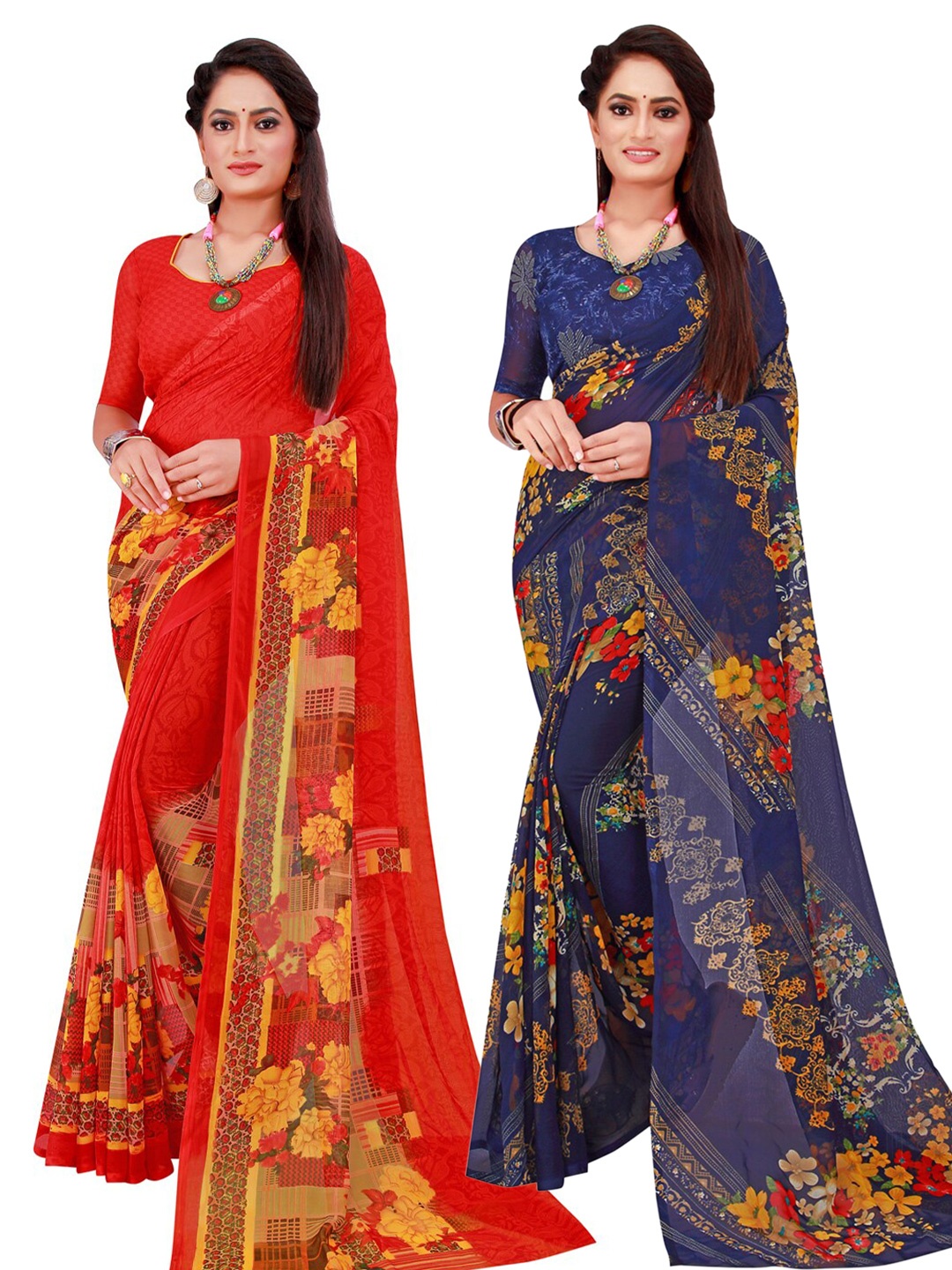 

Florence Navy Blue & Red Floral Pack of 2 Pure Georgette Saree