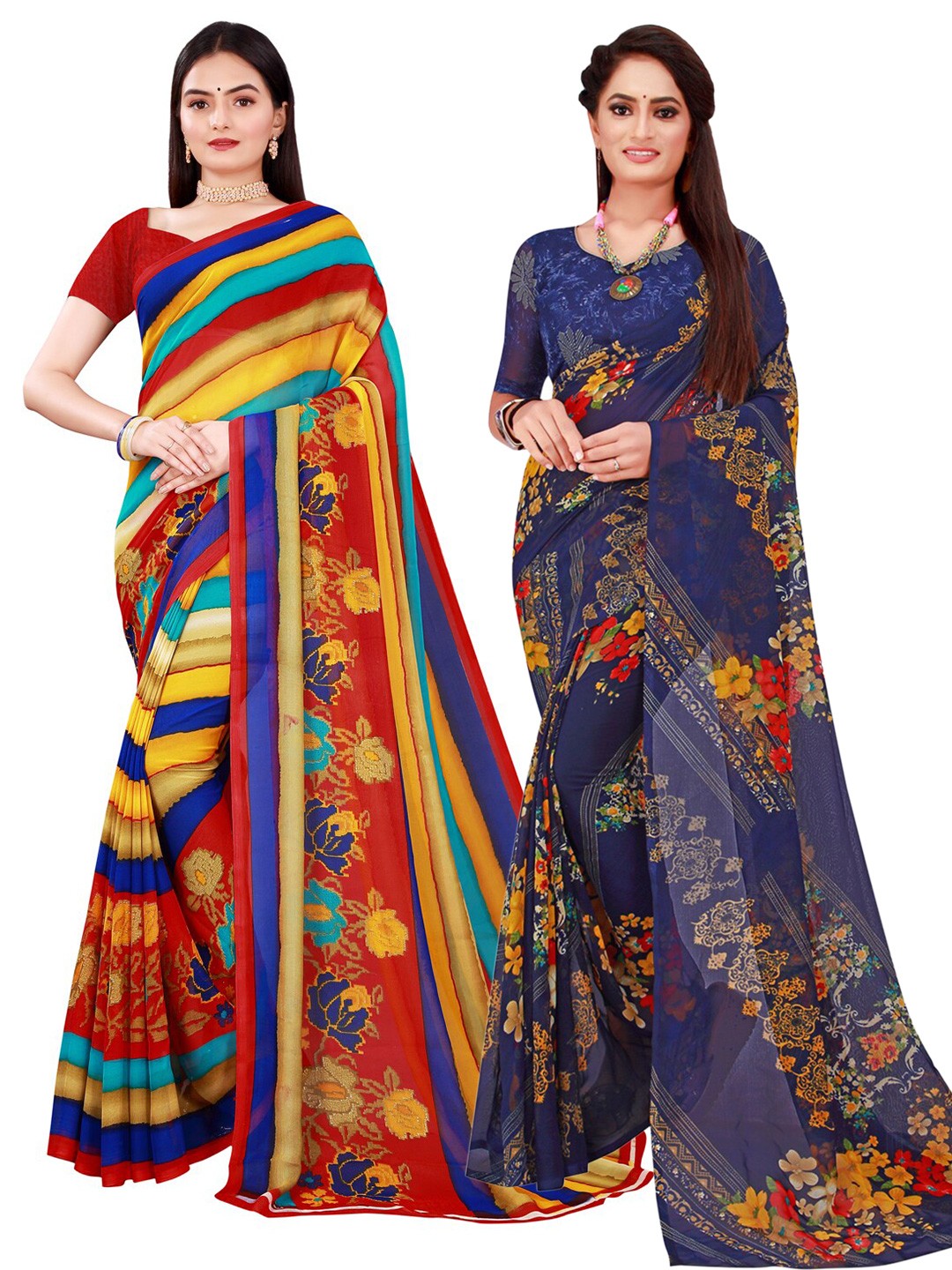 

Florence Navy Blue & Multicoloured Striped Pack of 2 Pure Georgette Saree