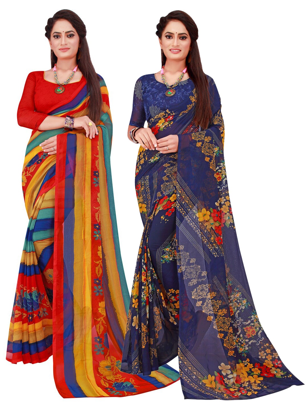 

Florence Navy Blue & Multicoloured Striped Pack of 2 Pure Georgette Saree