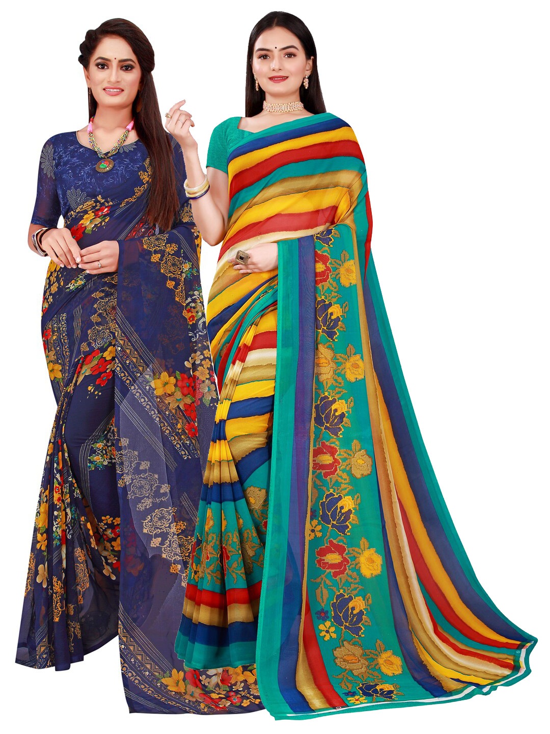 

Florence Navy Blue & Multicoloured Striped Pack Of 2 Pure Georgette Saree