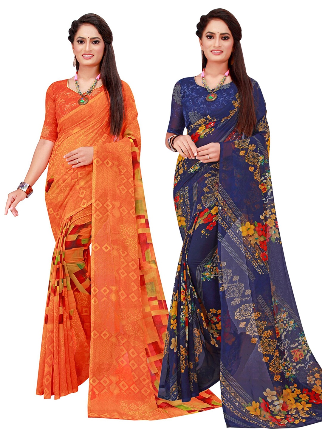 

Florence Orange & Navy Blue Geometric Print Pack of 2 Pure Georgette Saree